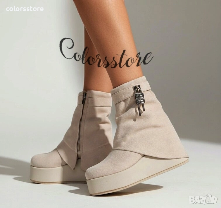 Боти на платформа - бежов велур - DHG55 , снимка 1