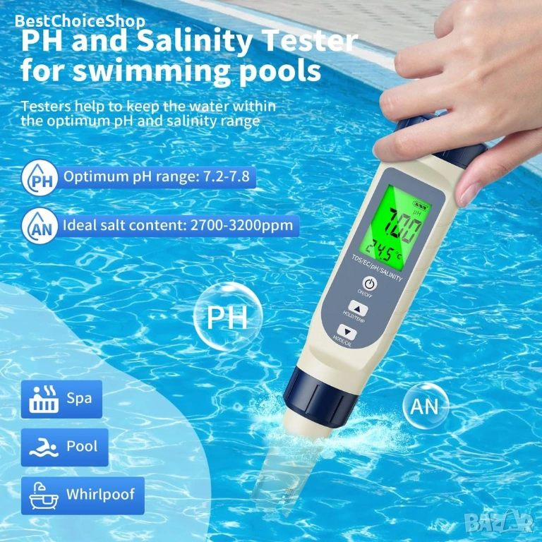 5 в 1 тестер за вода за басейн Цифров дисплей pH TDS EC Соленост Температура, снимка 1