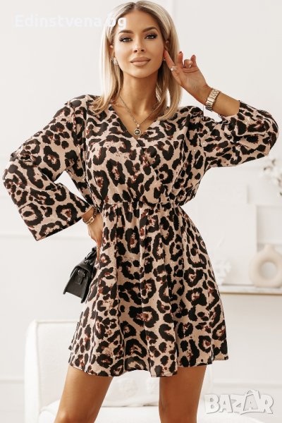 Дамска рокля с дълъг ръкав и леопардов принт, снимка 1