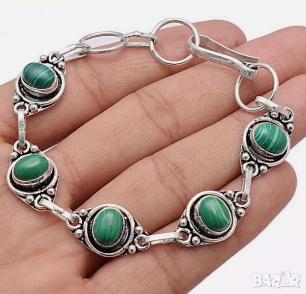 Сребърни гривни 925 със зелен тюркоаз естествен камък , снимка 1