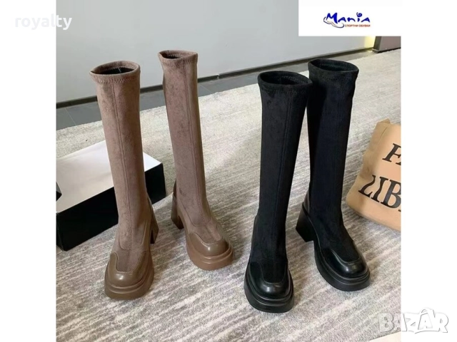 ДАМСКИ ЕЛЕГАНТНИ БОТУШИ с ликра в кафяво, снимка 2 - Дамски ботуши - 52142048