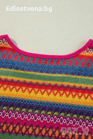 Дамска блуза с етно жакардов десен и къси ръкави с пискюли, снимка 7 - Други - 50130058