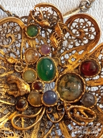 ВИНТИДЖ ФИЛИГРАННО КОЛИЕ ЦВЕТЕ с ЦВЕТНИ КАМЪНИ АХАТ УНИКАТ 34796, снимка 4 - Колиета, медальони, синджири - 52501083