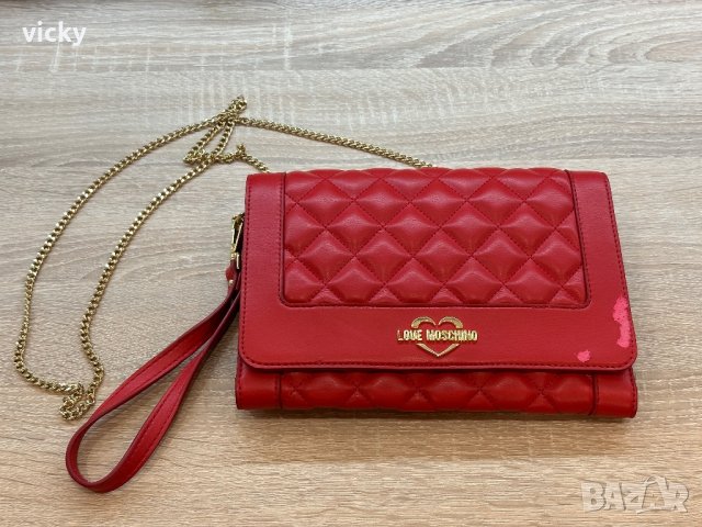 Аленочервена чанта/клъч, Love Moschino, снимка 5 - Чанти - 43442386
