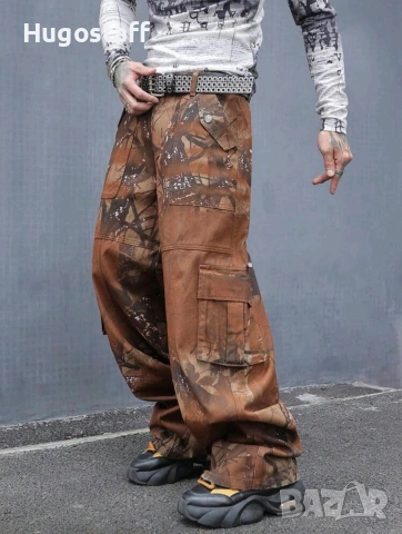 Нови baggy Casual Loose Fit Jeans дънки панталони карго кафяви камуфлажни джобове размер 32 /М, снимка 6 - Дънки - 53232825