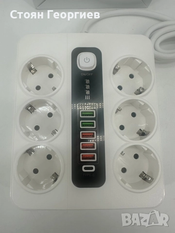 Разклонител с бутонен превключвател, 2 метра кабел, 6 изхода + 5 USB + 1 тип c вход, 3000 W, снимка 2 - Друга електроника - 52795405