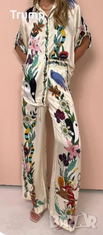 Елегантен сатенен комплект, вискозапанталон с риза, цветя, снимка 4 - Комплекти - 50640745