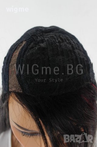 Черна перука от ЕСТЕСТВЕН косъм с тъмночервени кичури Селена, снимка 8 - Аксесоари за коса - 37787339