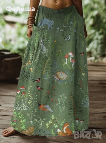 Пленително Касива Дълга Пола - Приказен Горски Свят с Червени Гъби и Животинки, снимка 5 - Поли - 50492317