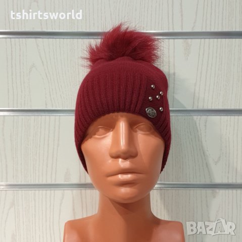 Нова зимна дамска шапка СилвърСтар с камъчета и помпон/пух в цвят бордо, снимка 8 - Шапки - 35501694