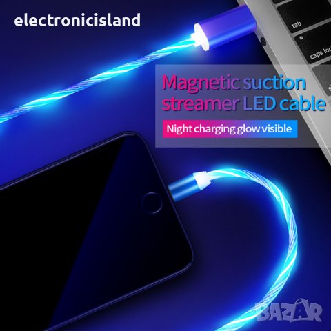 Магнитен светещ LED USB кабел Type-C micro USB Lighting за зареждане на смарт телефон, снимка 6 - USB кабели - 39770640