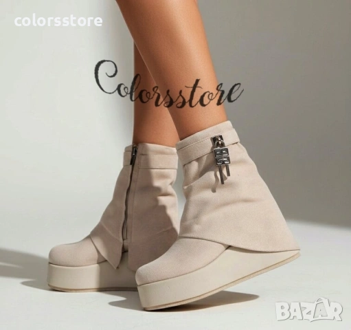 Боти на платформа - бежов велур - DHG55 