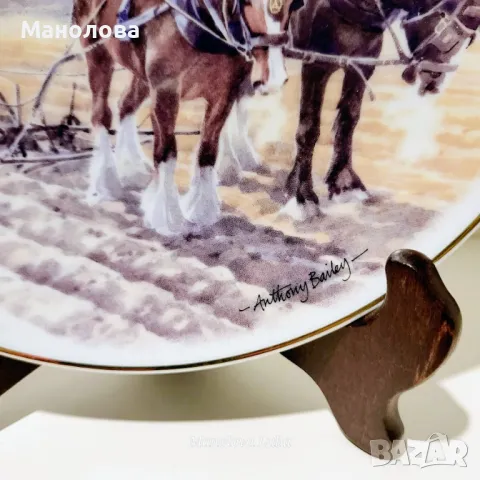 Декоративна порцеланова чиния с тема Working Horses - Autumn - Ploughing , снимка 2 - Антикварни и старинни предмети - 48762642