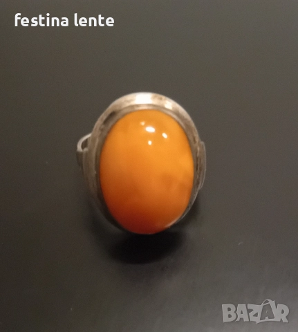 Стар руски сребърен пръстен с кехлибар, снимка 2 - Пръстени - 52405507