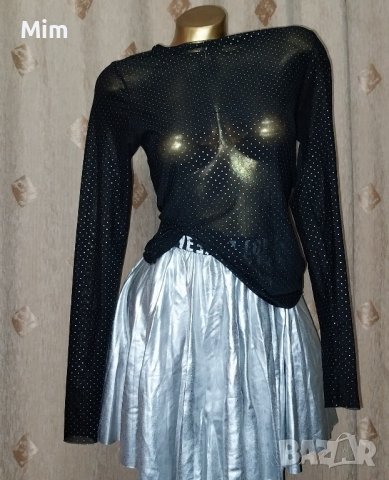  К-т S/M Черна прозрачна блуза със сребристи точки и сребриста пола с кожен ефект