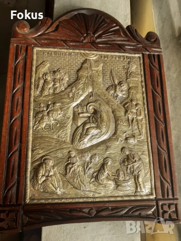 Голяма сребърна икона с дървена рамка дърворезба сертификат