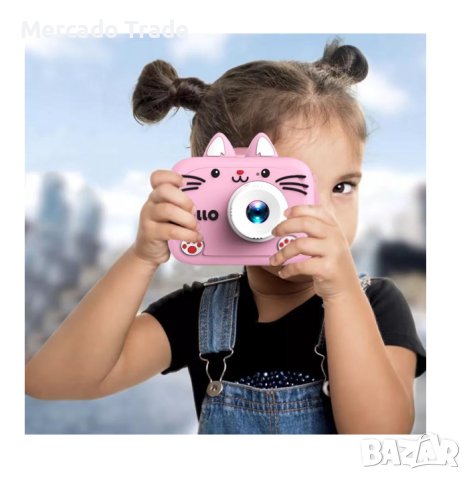 Детски фотоапарат Mercado Trade, За деца, Камера, Силиконов кейс, Hello Cat, Розов