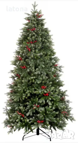 Разкошна Коледна елха със снежни върхове, шишарки и червени плодове 150 см