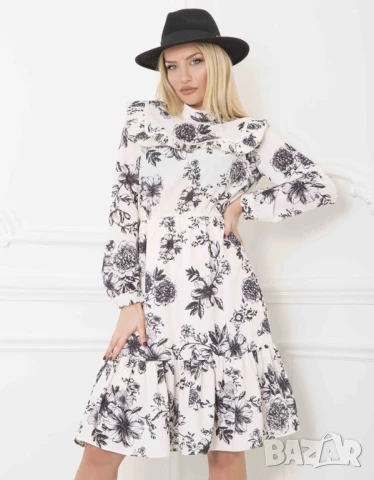 Разпродажба! Нова рокля до коляното разкроена с дълъг ръкав с флорални мотиви черно и бяло елегантна, снимка 3 - Рокли - 50760296