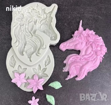 Красива глава еднорог с грива комбиниран с цветя силиконов молд форма декорация украса торта фондан , снимка 2 - Форми - 23766639
