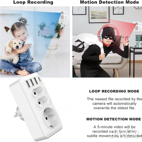 Скрита камера Wifi контакт разклонител с USB и Type C, видеонаблюдение, снимка 3 - Други - 52034720