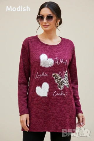 Макси дамска блуза с щампи на пеперуда и сърца 9648
