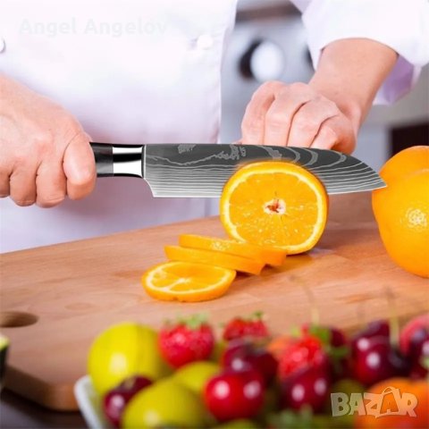 Нож Santoku от високовъглеродна стомана 5-инчови кухненски ножове за рязане на зеленчуци, плодове, , снимка 4 - Ножове - 43238937