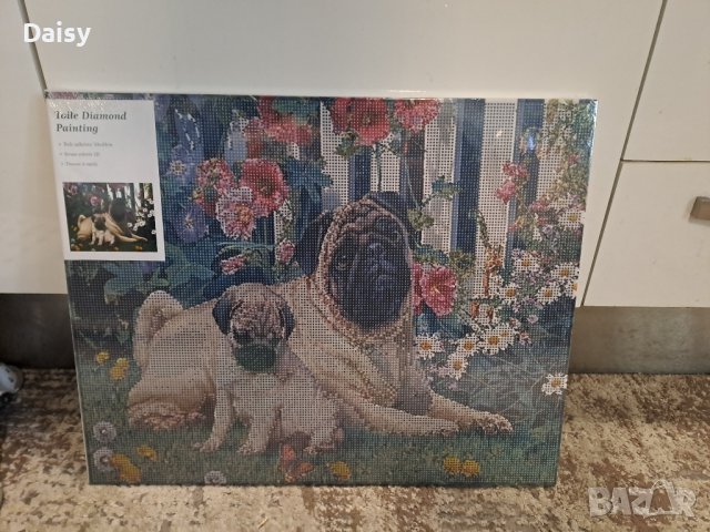 Мопс Диамантен гоблен с дървена рамка отзад, снимка 4 - Гоблени - 43776539