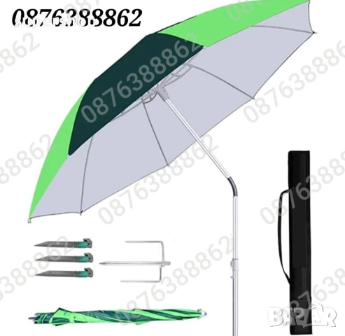 ПРОМОЦИЯ! Плажен чадър с чупещо рамо, УВ защита, калъф, колчета, тризъбец 190см., снимка 2 - Градински мебели, декорация  - 51037089