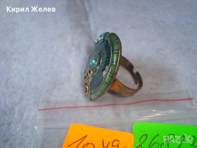 АРТ НУВО СТИЛ сИНКРУСТИРАНИ ЦВЕТНИ КРИСТАЛИ с ЕМАЙЛлак РЕТРО ВИНТИДЖ ПРЪСТЕН РЕГУЛИРУЕМ МЕСИНГ 26823, снимка 2 - Пръстени - 36392553