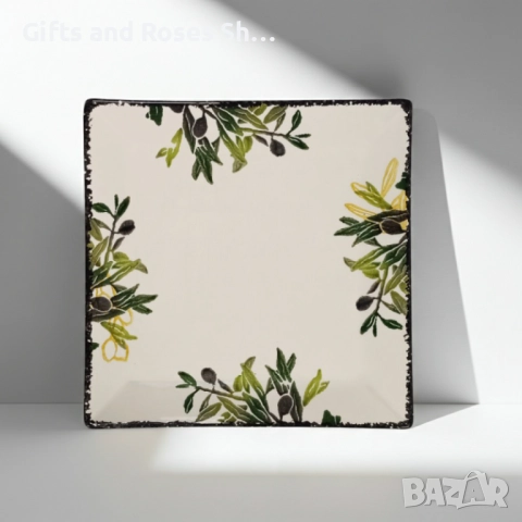 Изящна чиния с квадратна форма, декор с маслини - керамика , снимка 2 - Чинии - 52952666