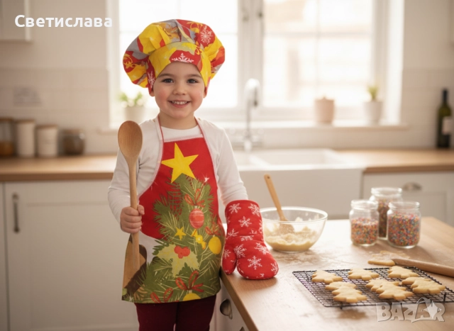 Детски коледен костюм за готвач • Престилка и шапка • Размер за ръст 122 см
