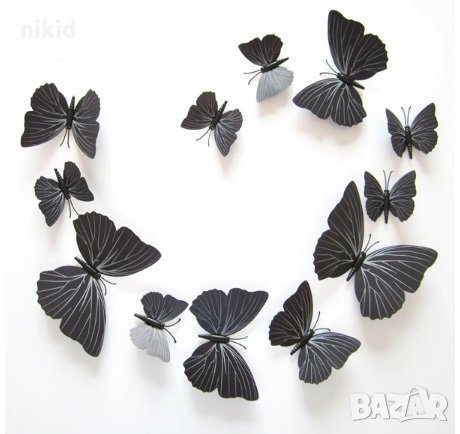 3D 12 бр pvc черни магнитни и самозалепващи пеперуди декорация за стена и мебел