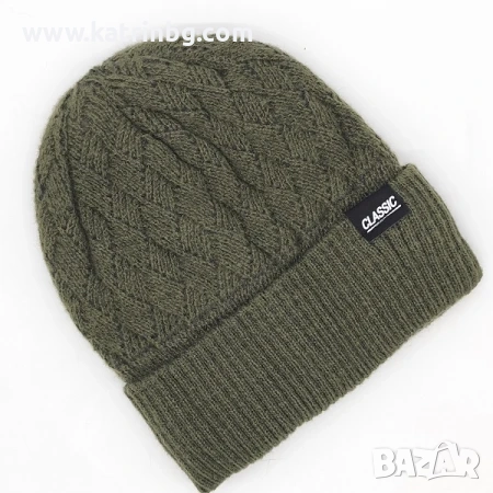 Мъжка зимна шапка зелена с подгъв и подплата-Плетена Код на продукта:MSHA-26