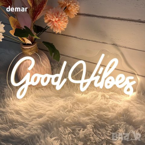Неонова LED табела "Good Vibes" за декорация с USB порт 40х18 см, снимка 6 - Декорация за дома - 43299594
