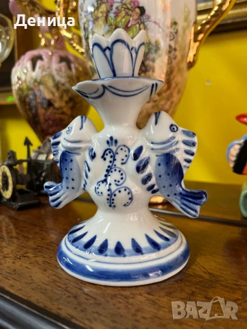 Гжел 🫶 Свещник Русия Ръчно рисуван Височина-13.5 см , снимка 2 - Декорация за дома - 51322790