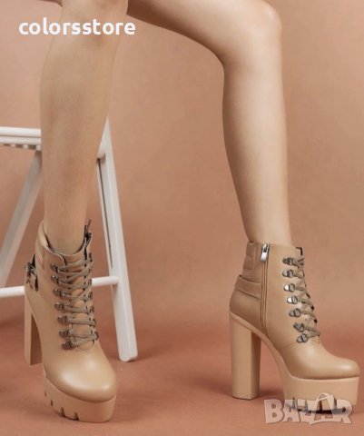 Боти на ток - бежова кожа с бежово ходило - BT14, снимка 2 - Дамски боти - 34645994