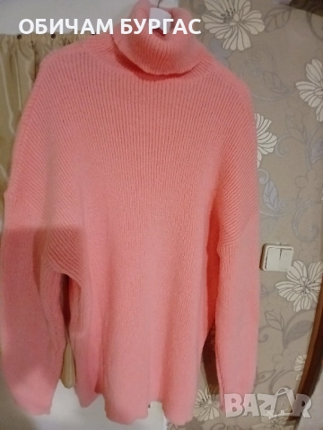 НОВ ДЪЛЪГ ПУЛОВЕР С ПОЛО ЯКА ОТ МЕКО ПЛЕТИВО В ЦВЯТ ПРАСКОВА, снимка 2 - Блузи с дълъг ръкав и пуловери - 52426483