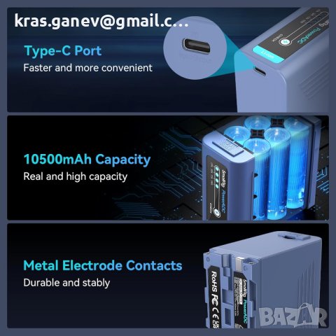 Батерия NP-F970 10500mAh Резервна батерия за Sony, снимка 5 - Батерии, зарядни - 43085405