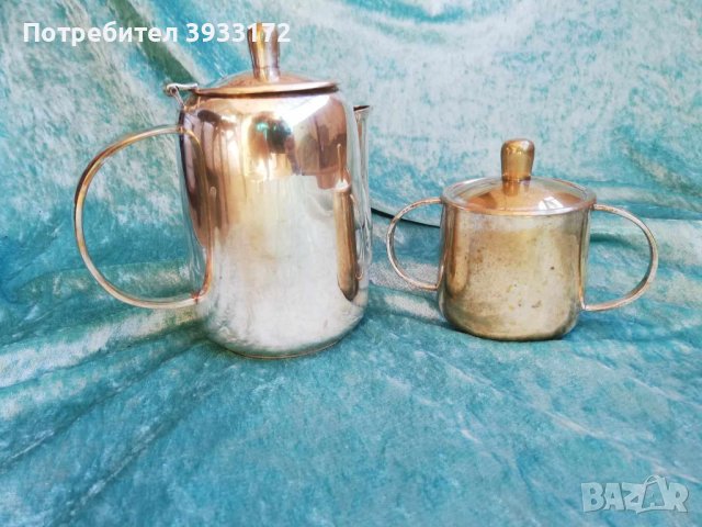 Посребрен чайник - кана с капаче на пантичка и чаша за чай с отделящо се капаче. Британска Индия, снимка 1
