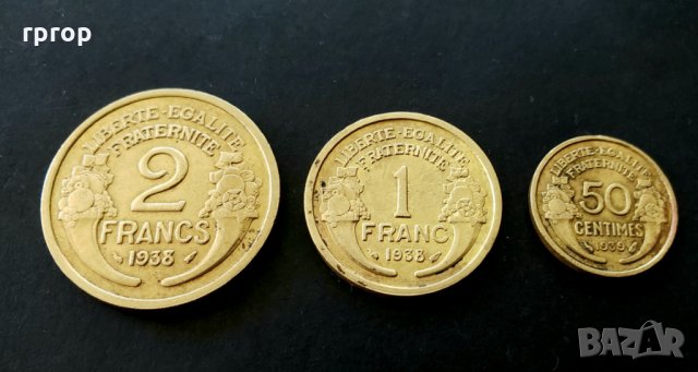 Монети. Франция. Френски франкове . 0,50 ,1 и 2 франка. По рядка година.1938, 1939 г. , снимка 2 - Нумизматика и бонистика - 32883762