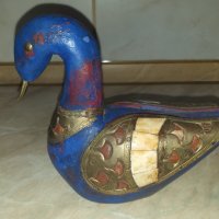 Страхотна синя дървена патица патка с месинг и кост, снимка 1 - Антикварни и старинни предмети - 43414187