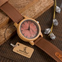 Унисекс часовник с корпус от бамбук и текстилна каишка в керемиден цвят, снимка 4 - Мъжки - 39052819