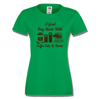 Дамска тениска A Good Day Starts With Coffee Cats & Books,Кафе,Изненада,Подарък,, снимка 5 - Тениски - 36427778