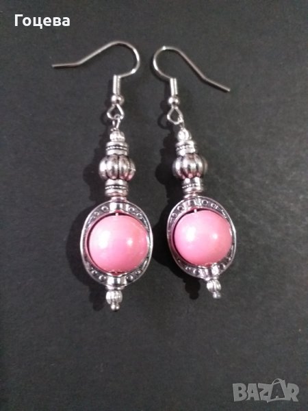Красиви обици с розови перли и овална рамка цвят сребро , снимка 1