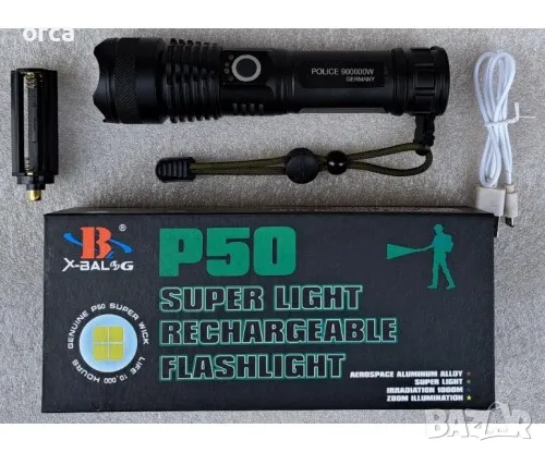 Професионален фенер, прожектор - акумулаторен Super Light Led 900000W POLICE ZOOM USB P50, снимка 1