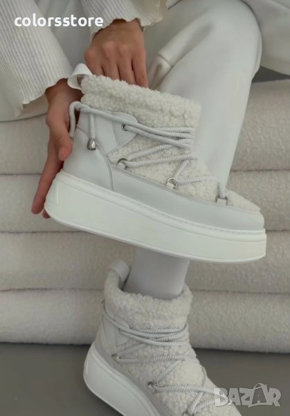 Боти на платформа - бяла кожа с пух - PBH1, снимка 1