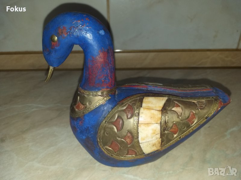Страхотна синя дървена патица патка с месинг и кост, снимка 1
