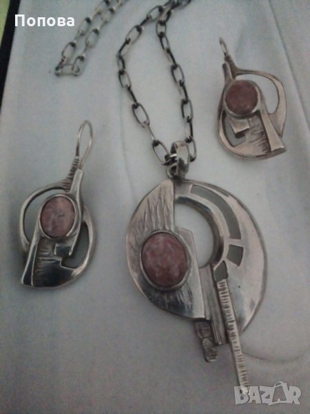 Авторски сребърен масивен комплект с естествен камък - 7/обеци и колие /, снимка 1