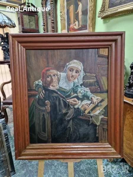 Прекрасна голяма антикварна авторска белгийска картина масло върху платно , снимка 1